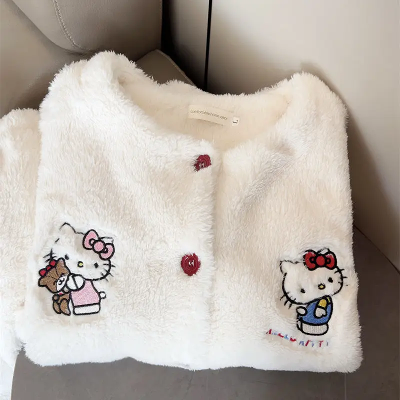 Hello Kitty tekenfilm cartoon schattige fleece gevoerde warme pyjama creatieve kawaii dikke loungewear-set met lange mouwen voor meisjes