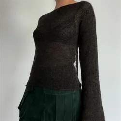 Donna manica lunga cravatta indietro maglioni scollo a barca tinta unita Pullover lavorato a maglia Casual Crochet top 2023 autunno moda Y2K