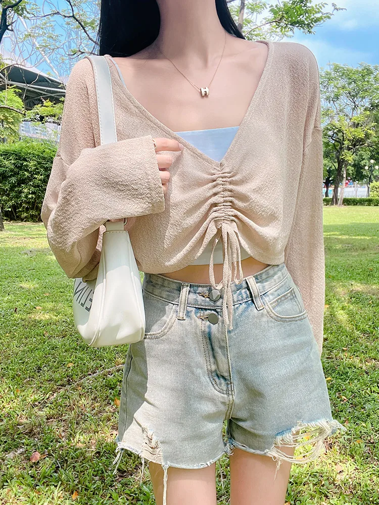 

Женская летняя тонкая трикотажная одежда из ледяного шелка для защиты от солнца: топ на бретельках, свободный крой, длинный рукав