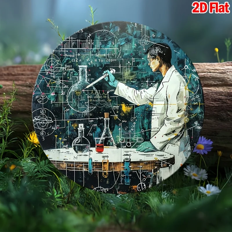 2D Flat, 2D Flat Printed 1pc Metal Iron Sign, 2D Flat Wall Art Decor, Dynamic Scientist Conducting Complex Experiments on a Whit