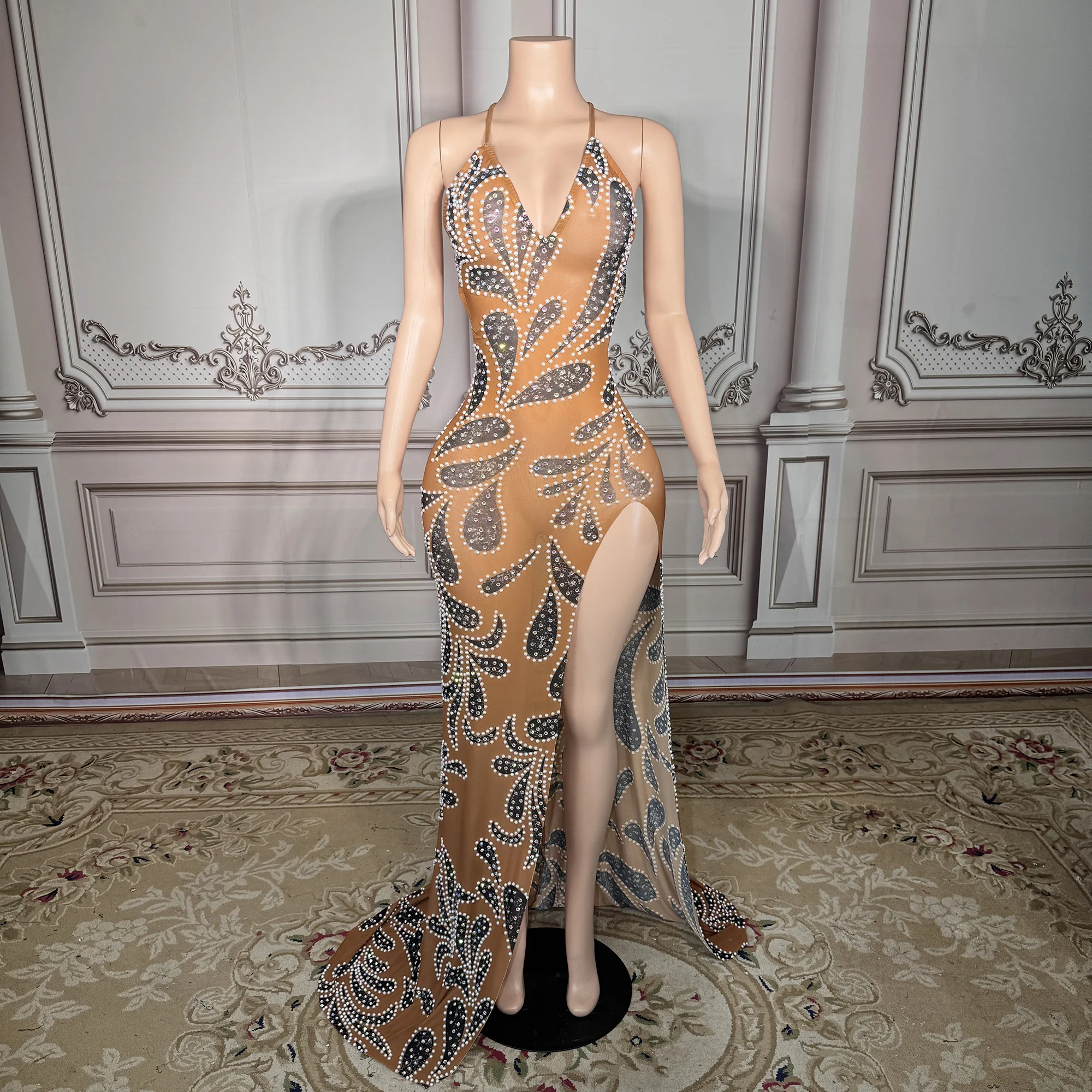 

ZD Black Rhinestones Nude Mesh Sexy Transparent Strech Dress Birthday Stage Wear Dance Outfit Prom Party