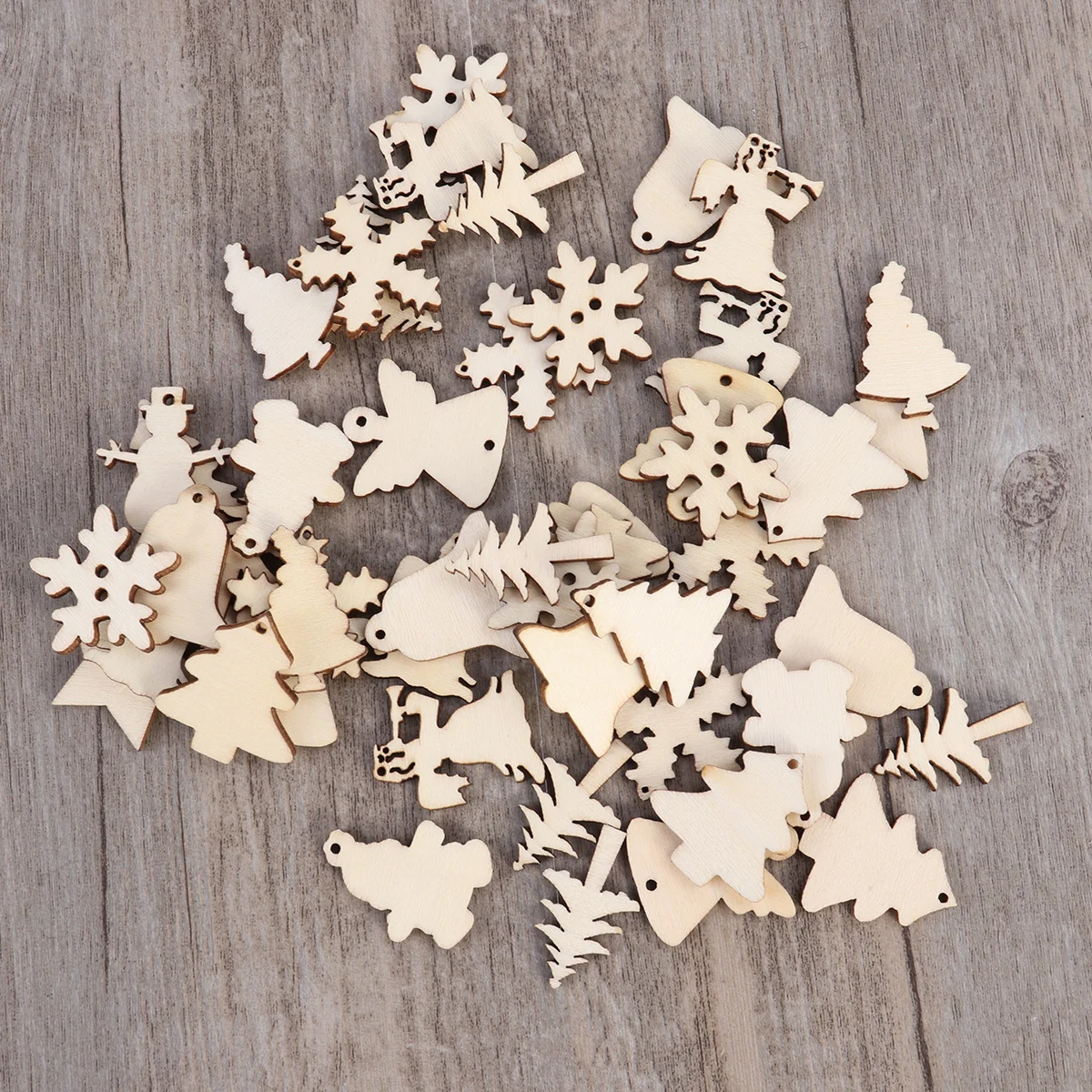 

50Pcs Wooden Christmas Ornaments Unfinished Natural Wood Color 12 Assorted Holiday Patterns Hanging Decorations DIY Crafts Xmas