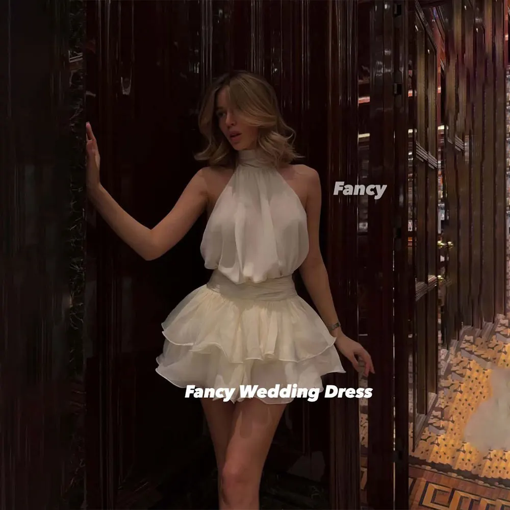 

Fancy Sexy High Neck Evening Dress A Line Chiffon Prom Gown Mini Short Backless Special Occasion Dresses Customized