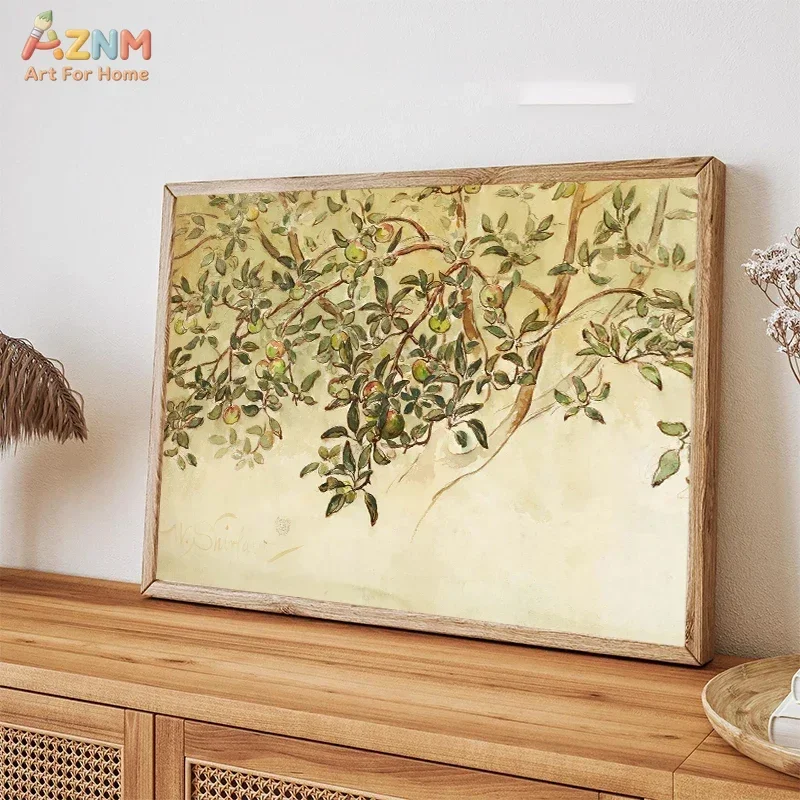 AZNM Vintage Apple Tree Canvas Print, Antique Botanical Fruit Branch Unframed Canvas Painting, Neutral Farmhouse Wall Art Decor