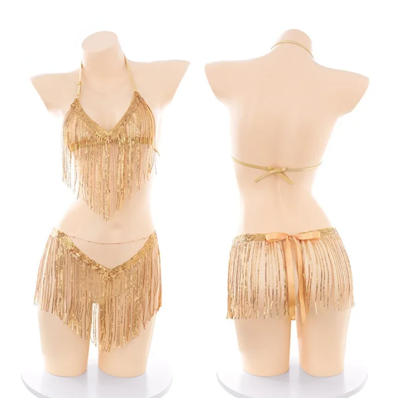 Sexy Sequin Tassel See Through Dancer Set Women Underwear Club Party Performance Dress Shiny Gold Nightdress Lingerie Outfits