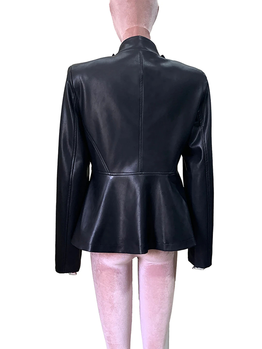 Nerazzurri Women's Short PU Leather Jacket Belted Waist Stand Collar Black Slim Fit Biker Coat Fashionable Waterproof Coats