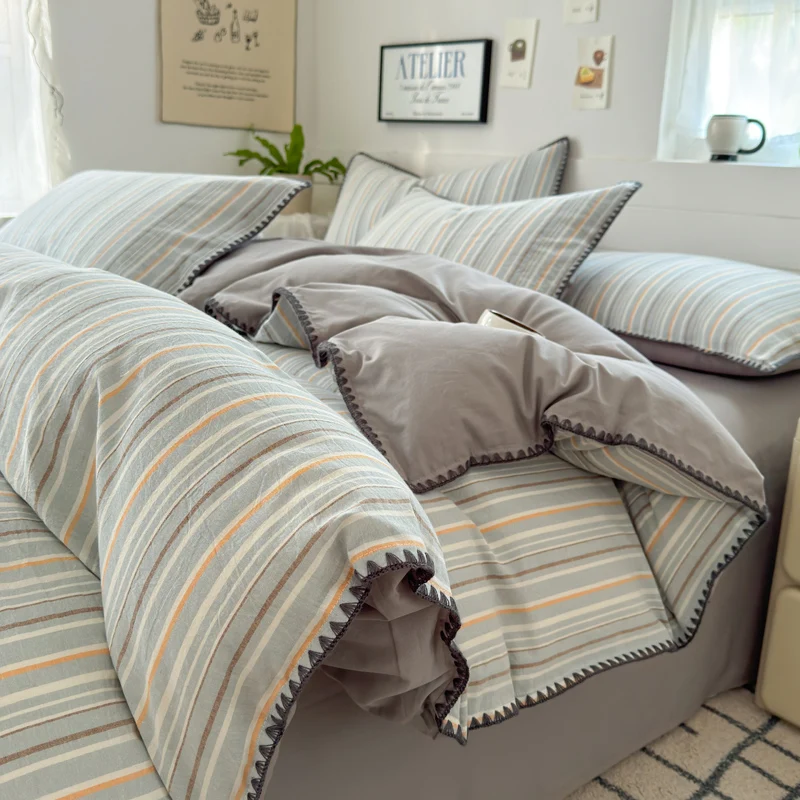 

Nordic Bedding Set Striped Duvet Cover Set 100% Cotton Soft Flat Sheet Single Twin Size Double Bed Sheet Set For Bedroom Decor