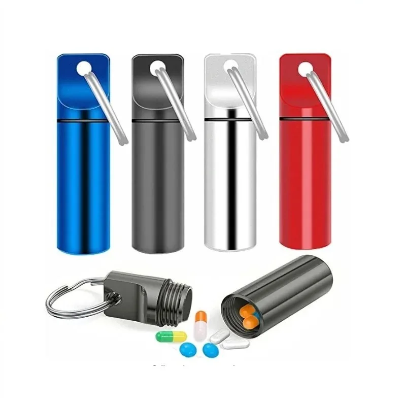 1Pcs Aluminum Waterproof Pill Box Cases with Sealed Storage, Flat Head, Round Alloy Cartridge and Keychain for Vitamin Fish Oils