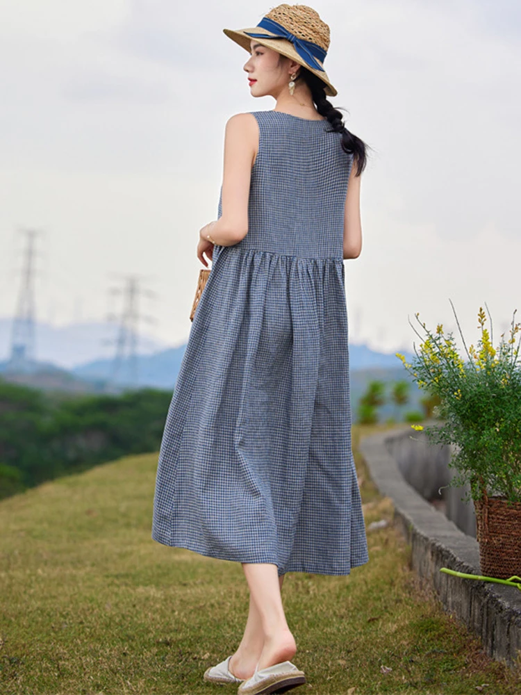ผู้หญิงผ้าฝ้ายลินินชุดยาวใหม่มาถึง 2025 ฤดูร้อนสไตล์วินเทจ O-คอลายสก๊อตหลวมหญิงสบายๆ A-Line ชุด T584