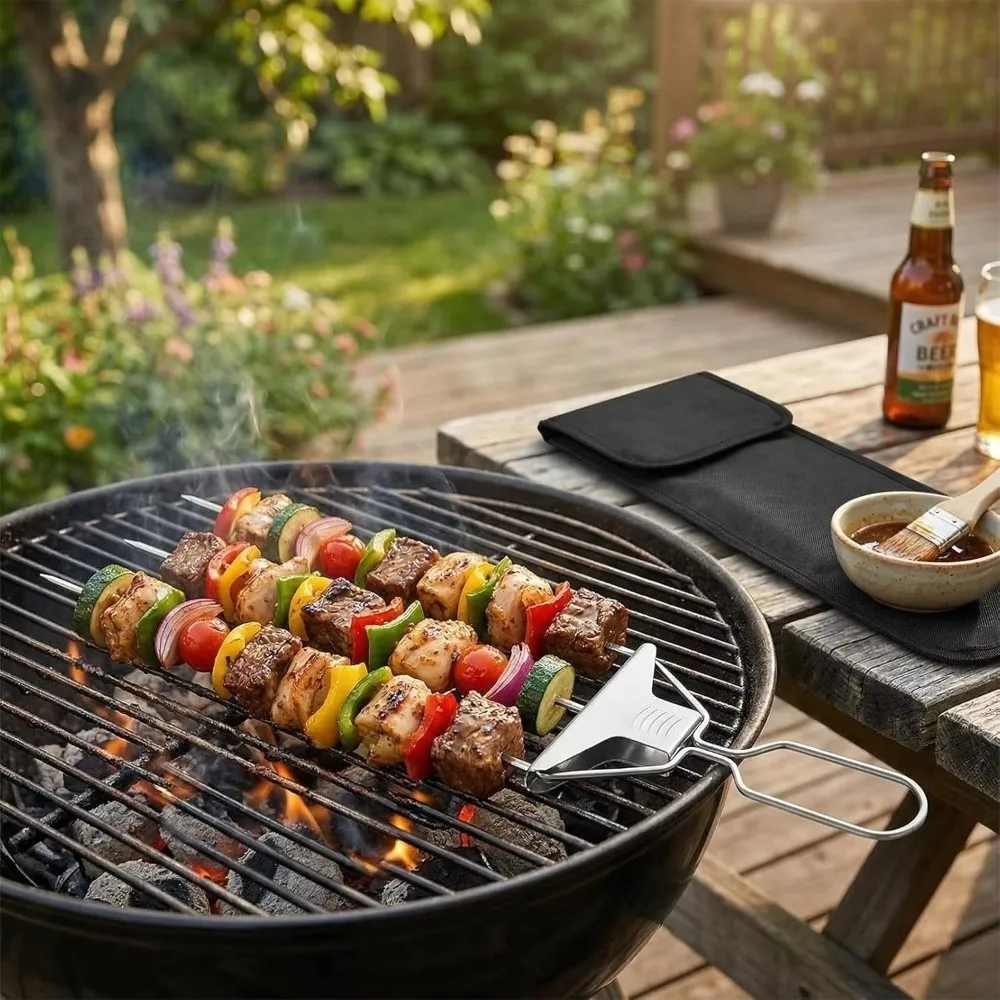 Gifts Polished Finish BBQ Skewers Prong Design Push Rod Slider Barbecue Fork Grilling Accessories Grill Skewers