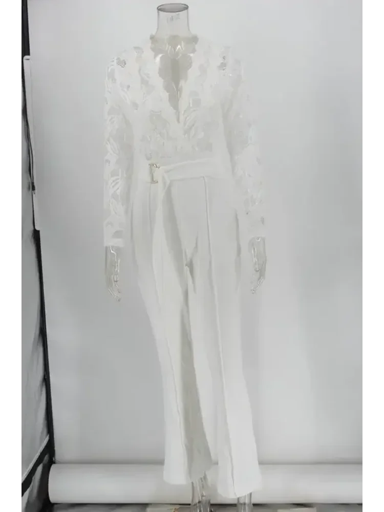 

White Elegant Lace Jumpsuit Women Overalls Long One Piece High Waist Feather Y2k Sexy Wedding Party Night Evening Rompers