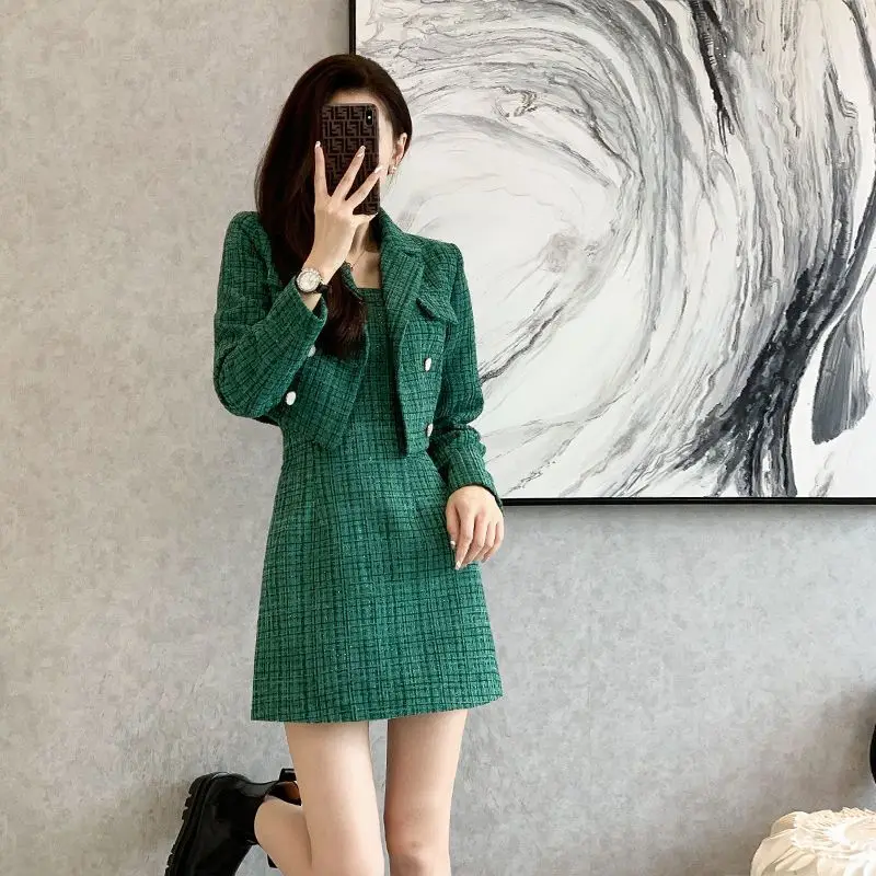 Insozkdg Fall Retro Tweed Suit Women Green Tweed Dress Elegant Double Breasted Tweed Jacket + Slim Fit Sling Plaid Dress 2023