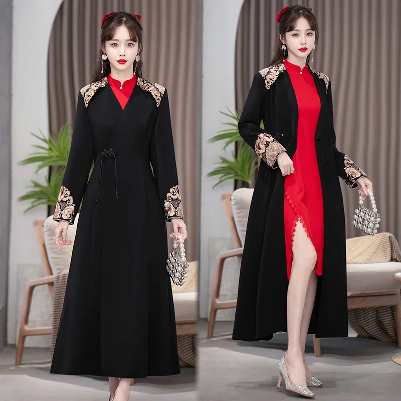 New Design Chinese Style  Autumn Winter Embroidery Long Trench Coat Retro Improved Hanfu Women's Clothing Overcoat