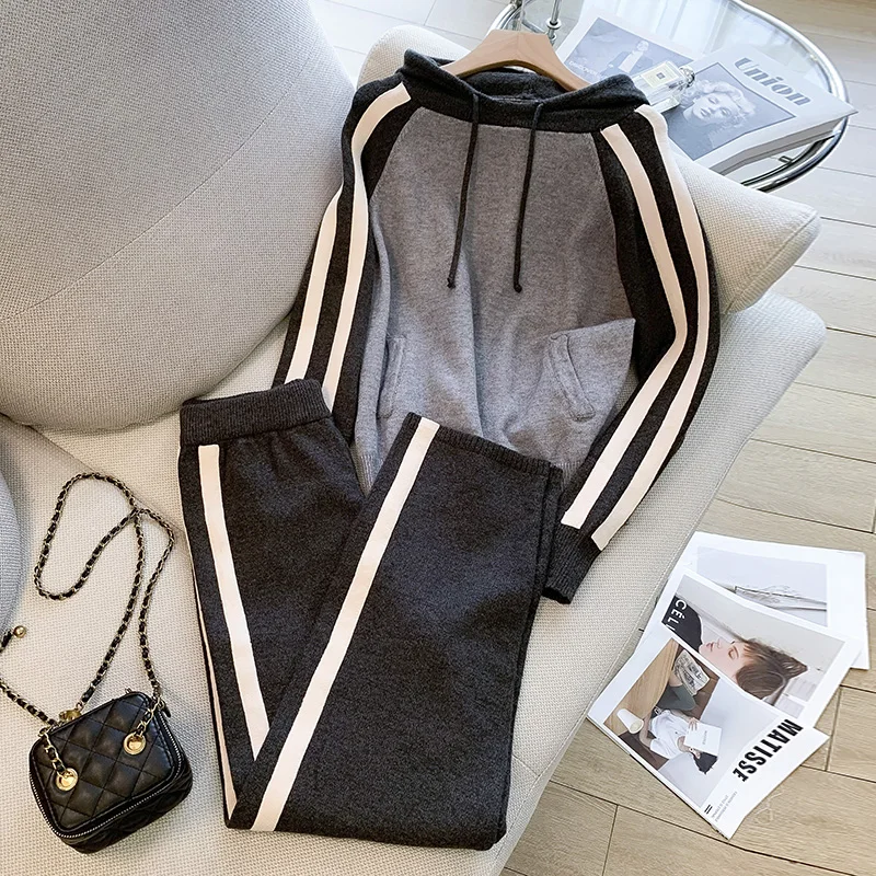 Fashion Autumn Women 2 Pieces Sets Casual hooded Patchwork Loose Knitted Sweater sports Harlan Pants Suits Winter sportswear