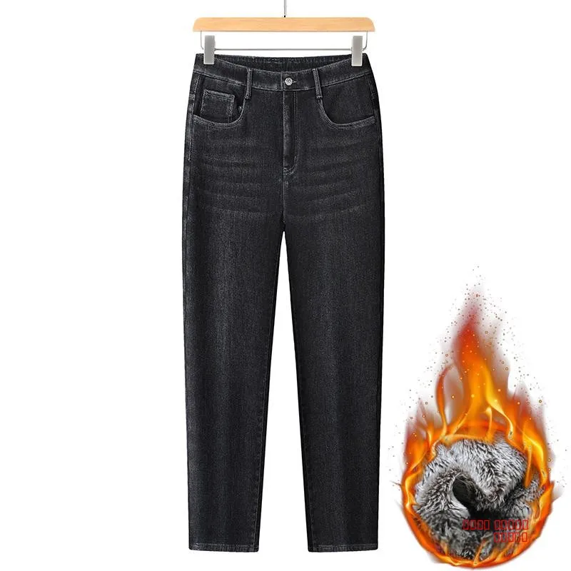 

Мужские джинсы с флисовой подкладкой, утепленные, свободного кроя, прямые, зимние, модные, повседневные, из хлопковой эластичной ткани, больших размеров.