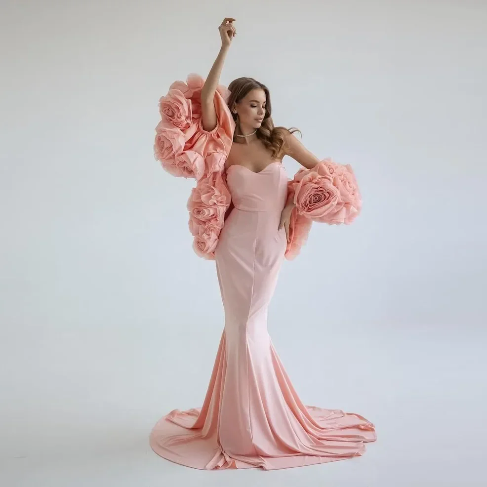 Gorgeous Pink Prom Gowns Organza Rose Cape Mermaid Formal Dress Layered vestido de noiva Sweetheart Floral Long Evening Gown