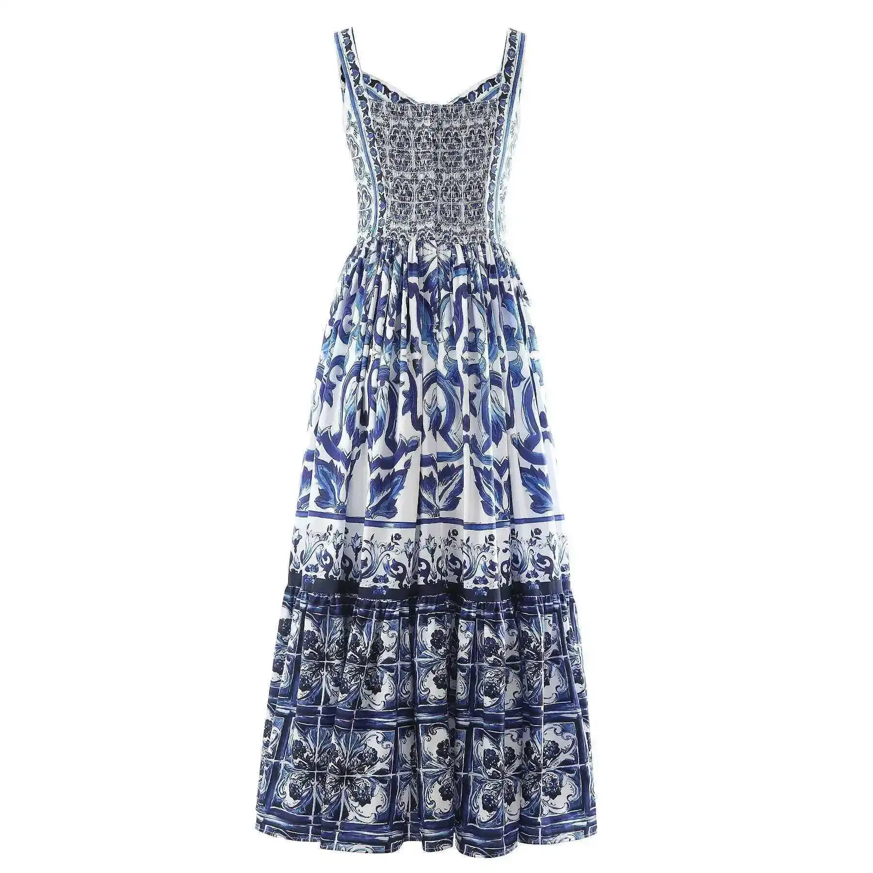 Runway Summer Holiday Floral Maxi Dress Women Spaghetti Strap V Neck Backless Blue White Porcelain Print Vacation Long Dresses