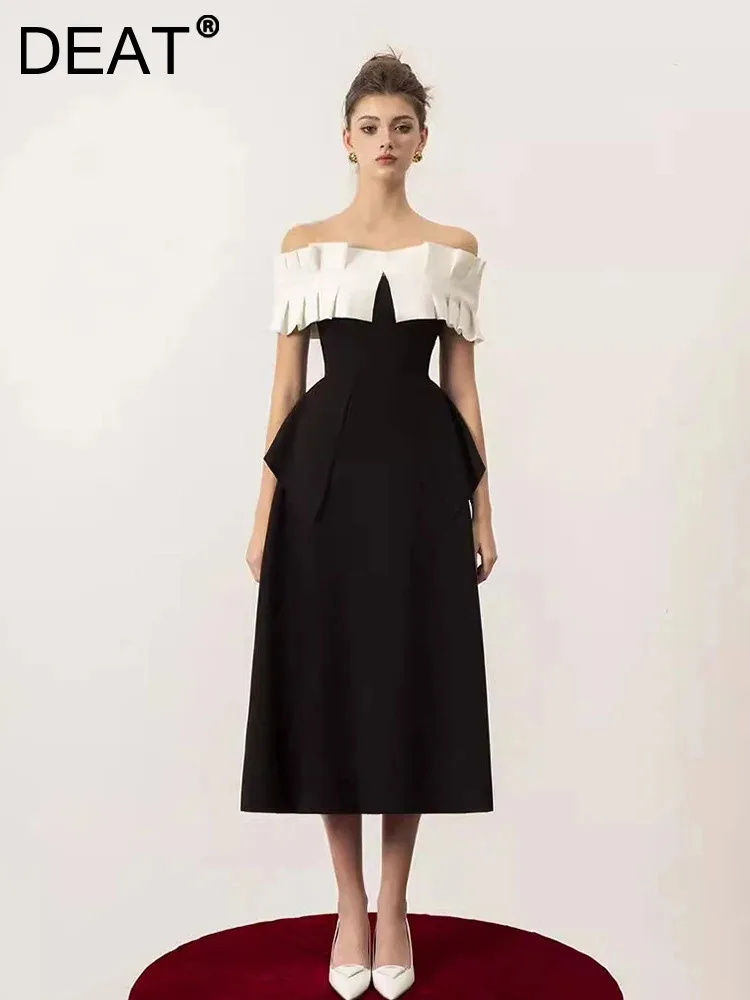 DEAT Elegant Dress Contrast Color Slash Neck Pleated High Waist A Line Women\'s Evening Dresses 2024 Autumn New Fashion 13DB7081