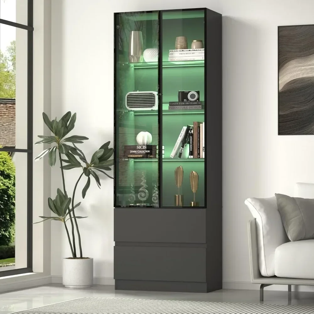 Display cabinet with 2 glass doors, glass display cabinet with LED lights, and 4 adjustable shelves