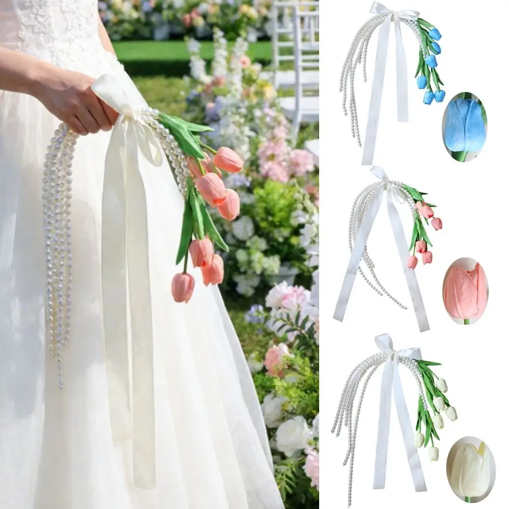 

Букет невесты в форме тюльпана с жемчужной цепочкой в стиле водопад, удобная ручка, многоразовый реквизит для фотосъемки, многофункциональное применение