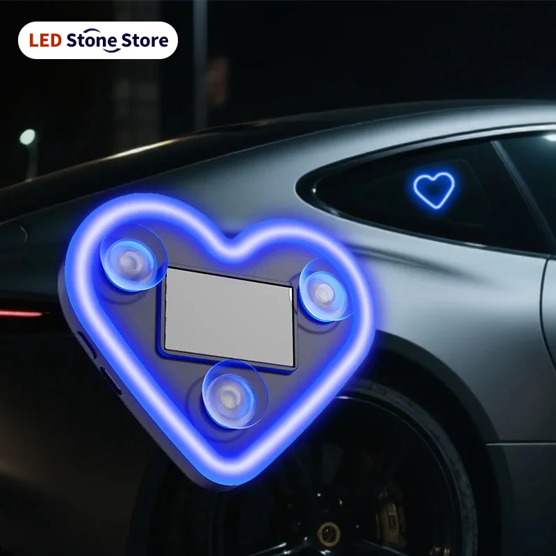 Solar Powered Car Neon Light Wireless Cute Heart Shaped Led Ambient Light Suction Cup USB Rechargeable Atmosphere Breathing Lamp