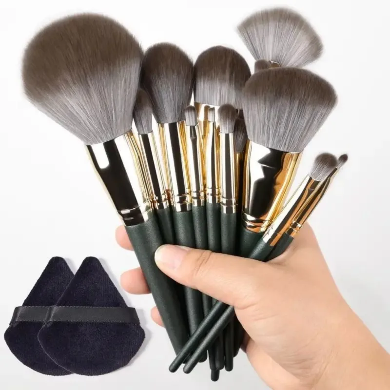 Ensemble de pinceaux de maquillage verts 14 pièces avec 2 éponges de mélange noires-Kit de maquillage professionnel complet pour fond de teint, Contour, Eyesha