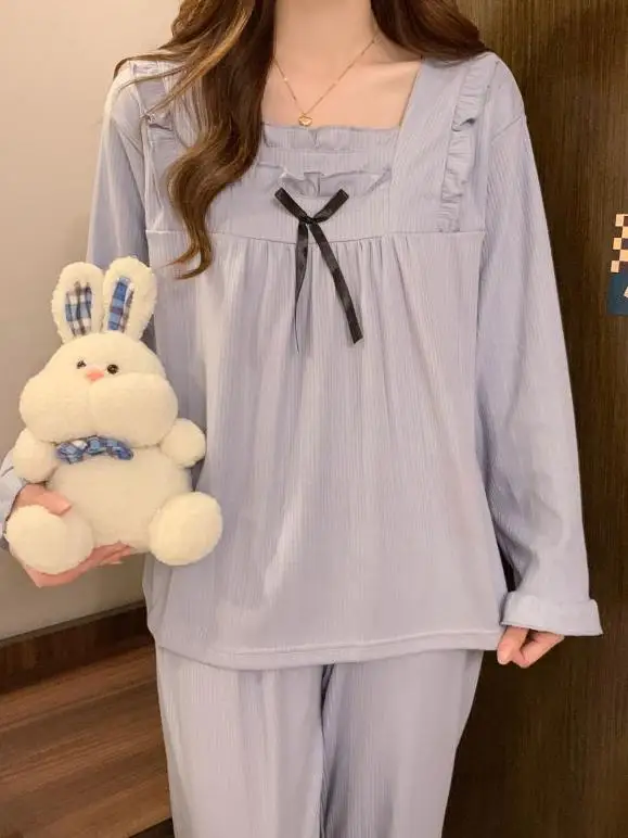 

Pure Cotton Sleepwear Set with Chest Pad Casual Loose Home Clothes for Women Spring Autumn Comfortable Breathable Nightgown