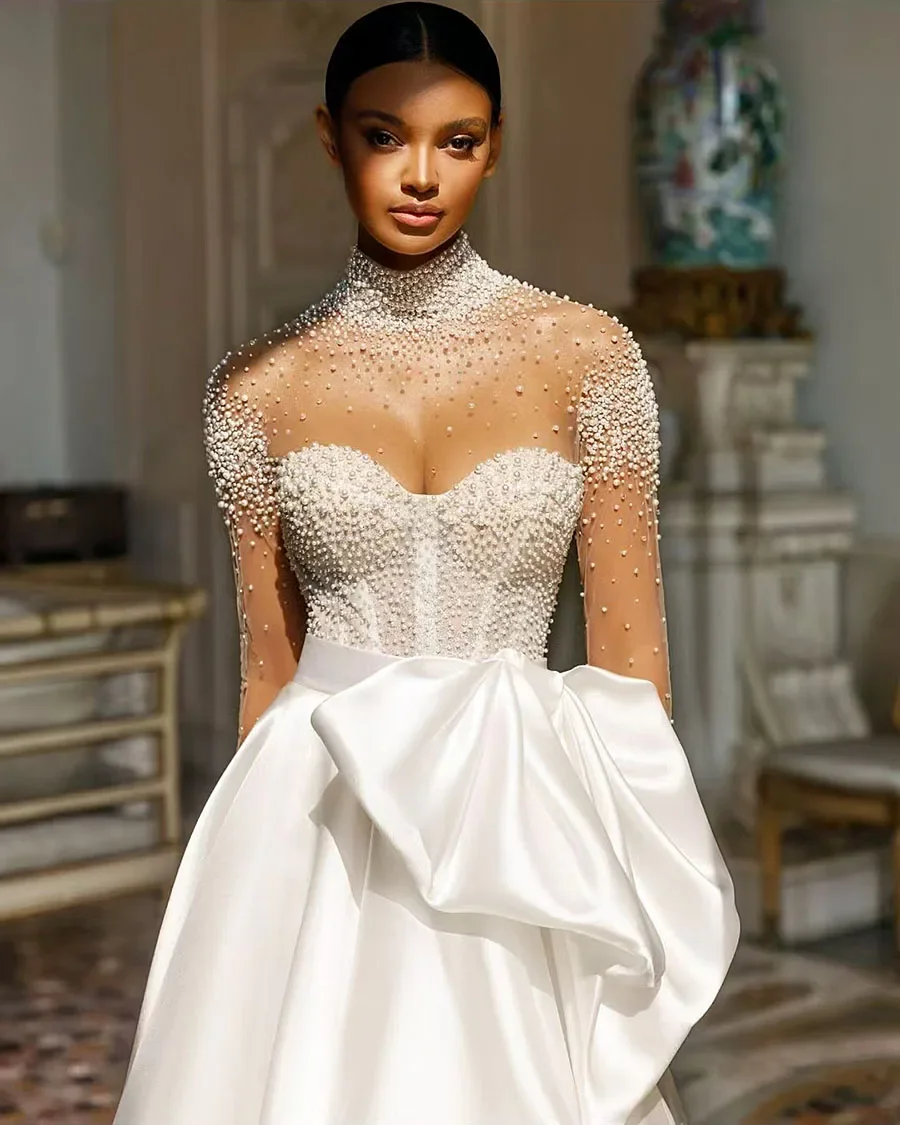 

Elegant African Wedding Dress 2026 High Neck Pearls Satin Long Sleeves Illusion Bridal Gowns Bride Dresses Vestidos De Noiva