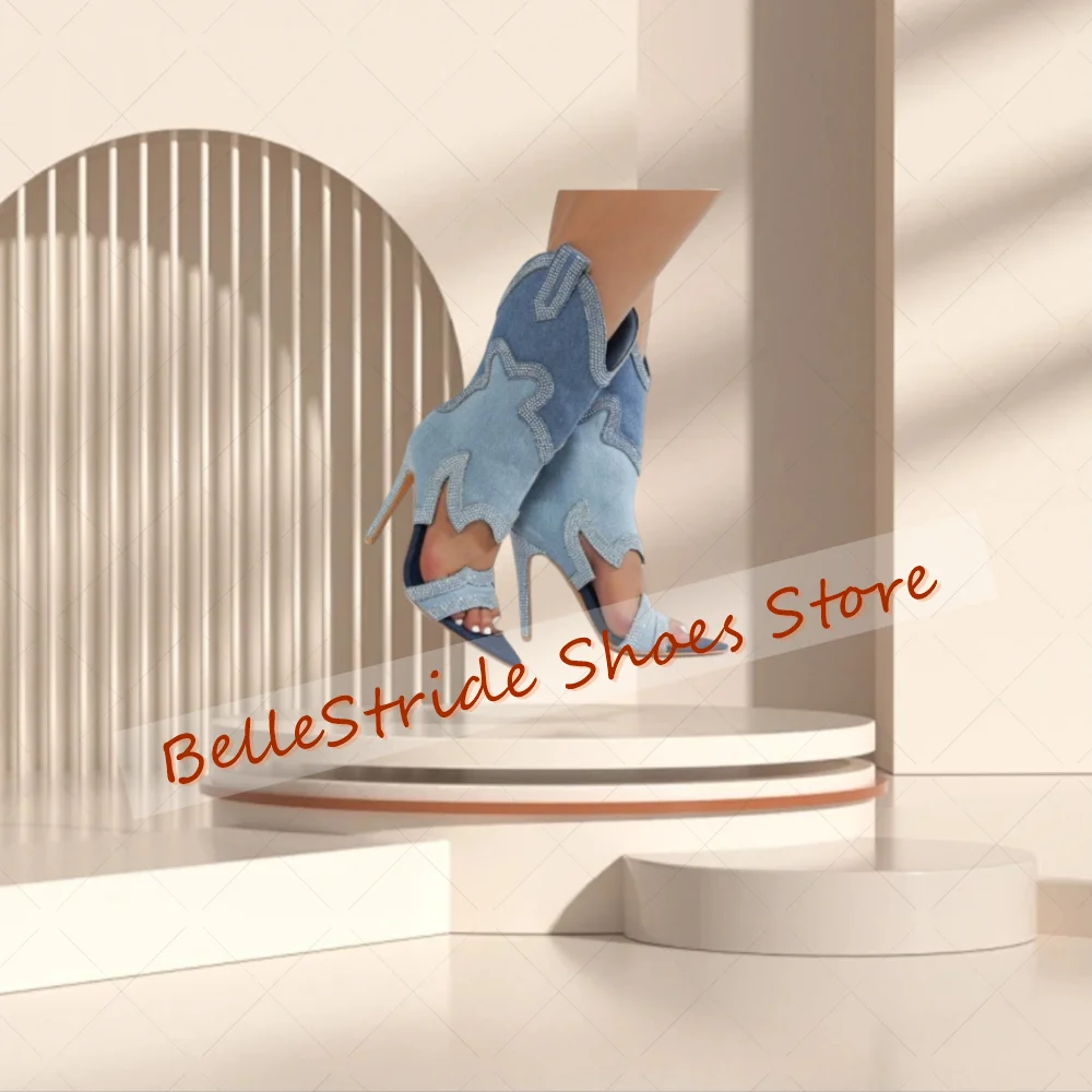 Colorful Pointed Toe Back Zipper Crystal Boots Open Toe Women Shoes Thin High Heels Party Banquet Dating 2025 Zapatos Para Mujer