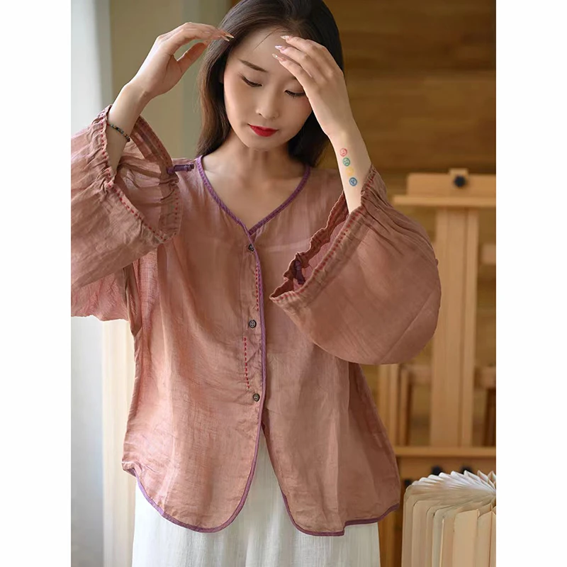 

Spring Summer Arts Style Women Long Sleeve Loose V-neck Blouse Vintage Embroidery Single Breasted Ramie Shirt Good Quality JM133