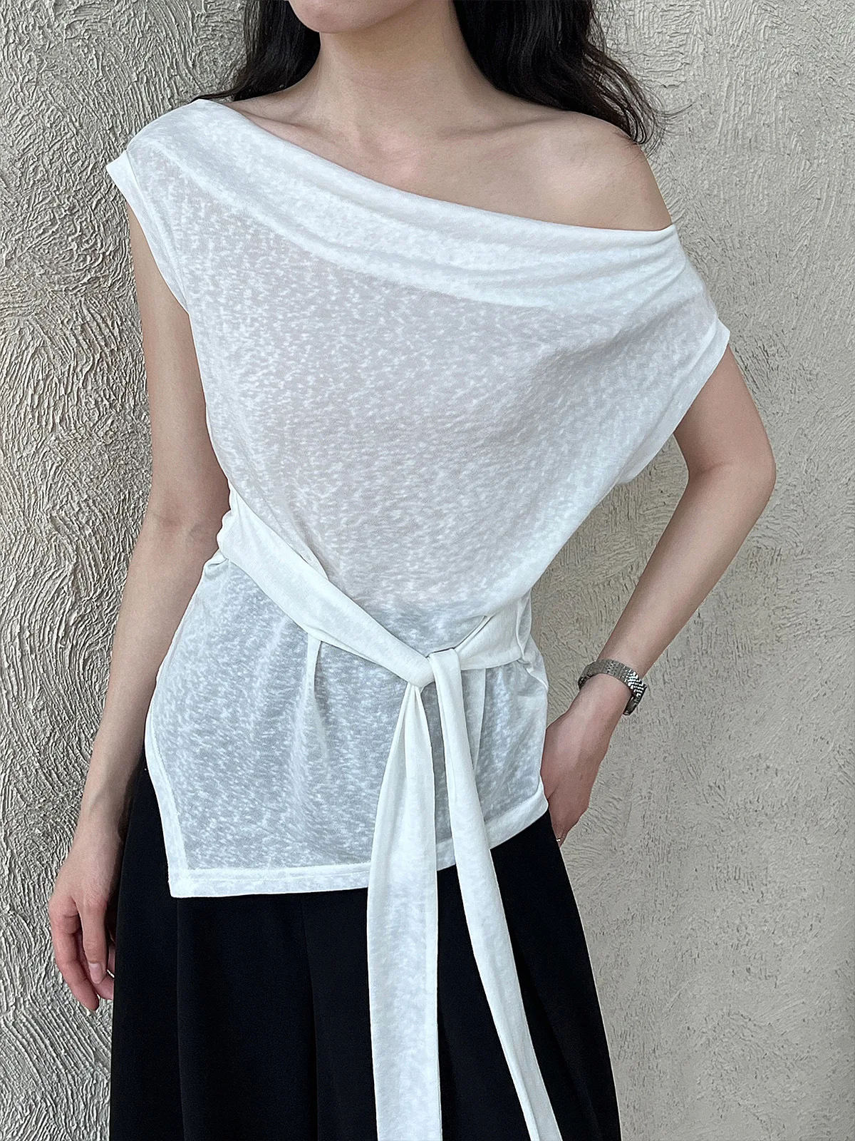 

Swing Collar Knitted Short Sleeve Snow Cotton Top Women Summer Asymmetric Tie Slimming T-shirt