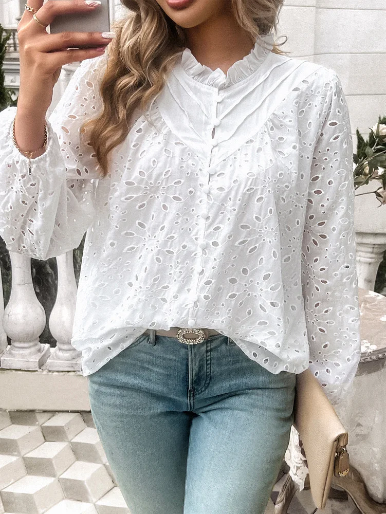 Women Eyelet Embroidery Blouse Ruffle Collar Lantern‑Sleeve Loose Shirt