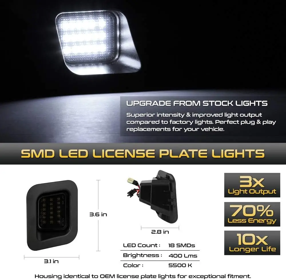 Full LED Smoke Lens Plate Light For 2003-2018 Compatible with Dodge 1500 2500 3500 Truck,2-Pieces Tag Lamp Assembly Replacement
