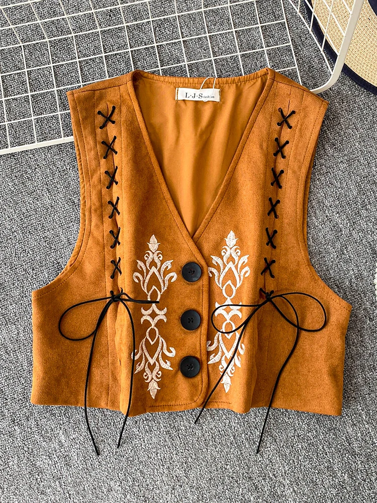 

Spring Autumn Retro Ethnic Style Vest Women's New Embroidered Short Loose Cardigan Vests Top Female Trendy D67