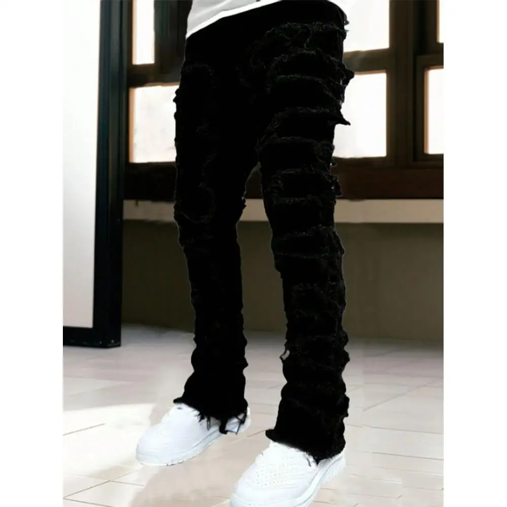 

Plus-size men's jeans, European and American style, heavy-duty high street patched jeans, frayed trendy straight-fit slim jeans