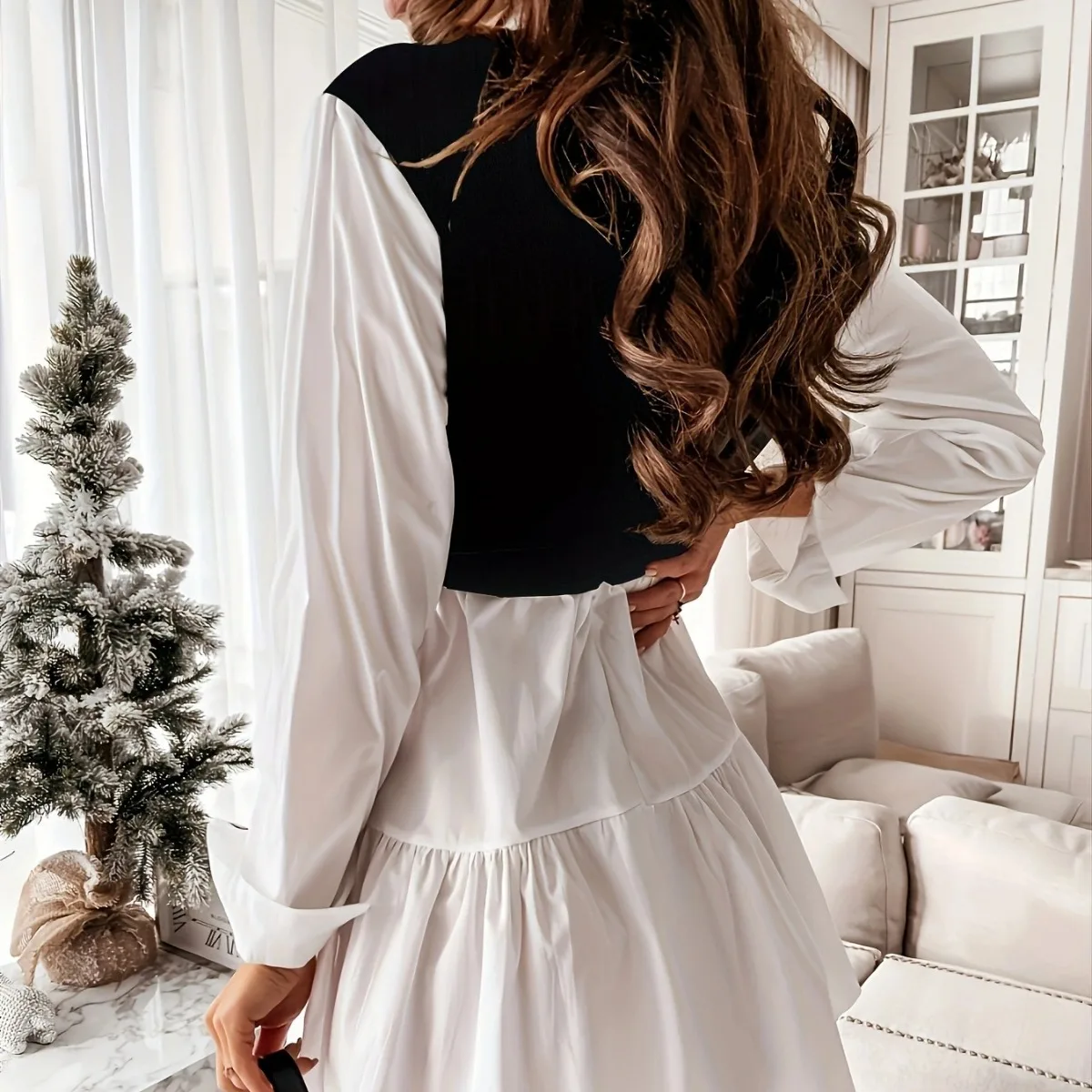 Fashionable Patchwork Shirt Long Sleeved Women's Casual Dress Office Midi Elegant Dress