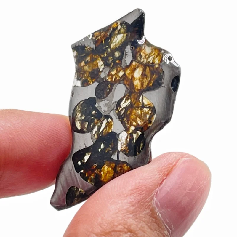 Natural Polished Seymchan Pallasite Meteorite Slice Iron Nickel Matrix Translucent Olivine Crystal For Hobby Collection QA879