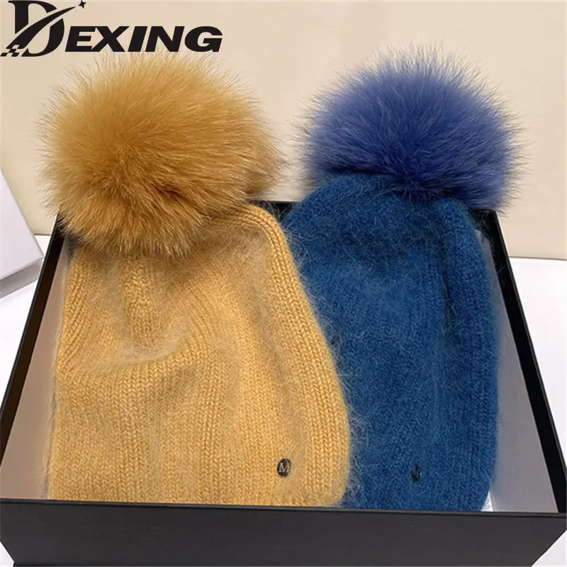 2022  Winter Real Fox Fur Pom Pom Knitted Beanie For Women Fashion Girls Pompom Hat Beanies Female  Angol Soft Warm Ski Hats