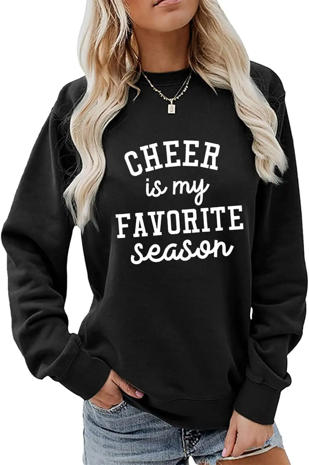 

Cheer is My Favorite Season Sweatshirt, Cheerleading Mom Shirt Women Crewneck Pullover Tops Funny Cheer Leader Gifts