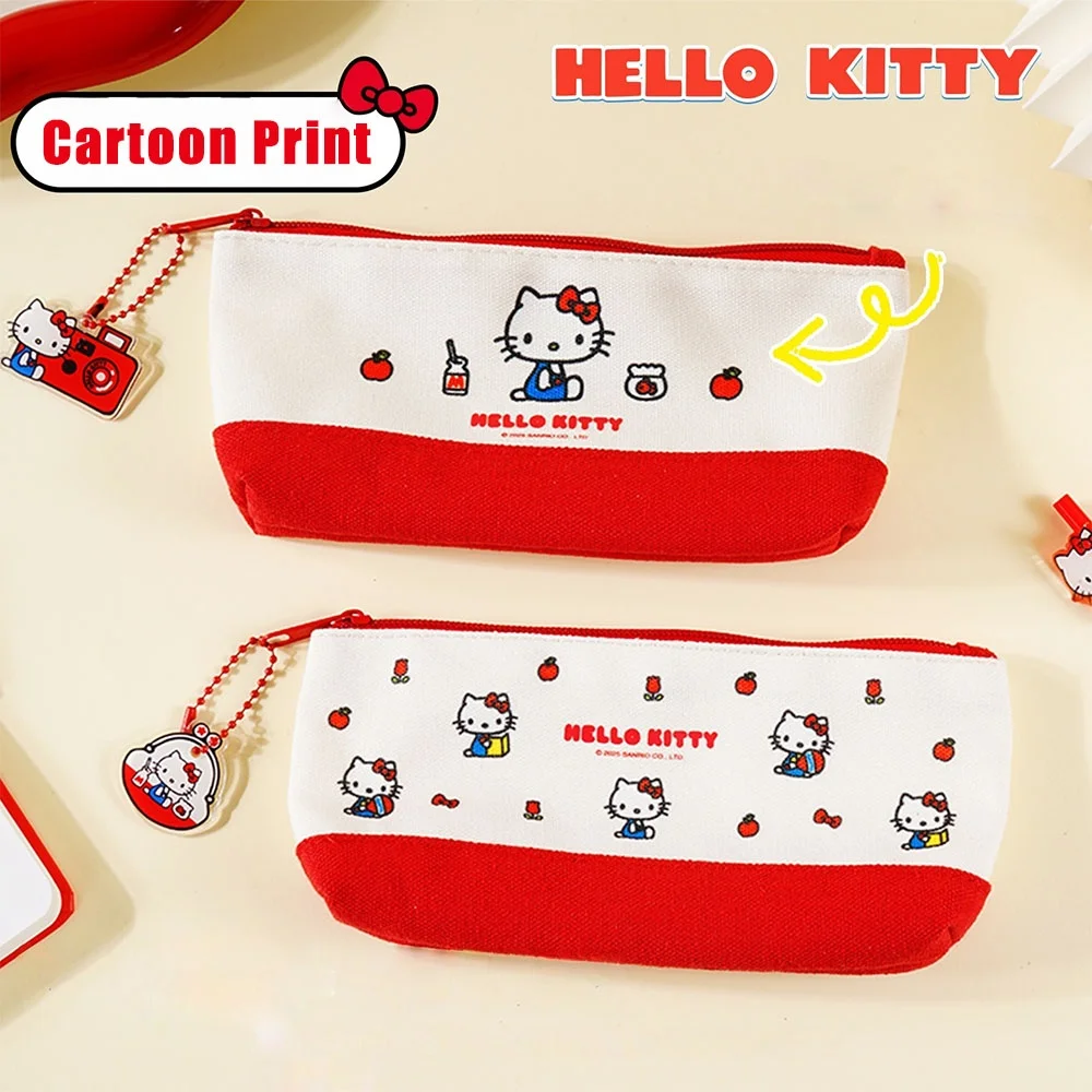 Genuine Sanrio Hello Kitty Canvas Zipper Pouch Pack Cartoon Makeup Bag Pencil Case for Cosmetics Stationery Women Gifts