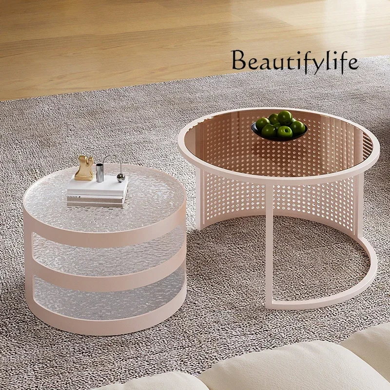 

yj5 Cream wind living room small apartment round coffee table modern simple tempered glass mother and child coffee table