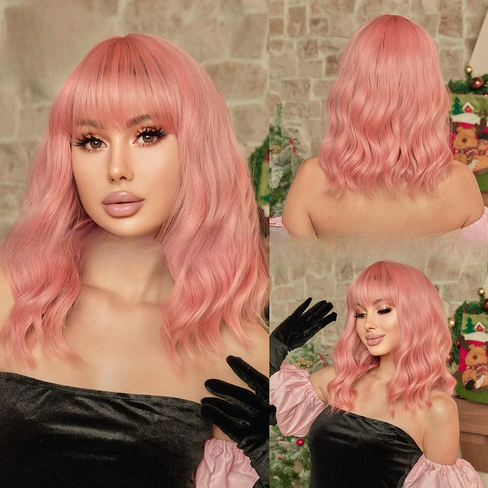 

European and American wig women pink wig short hair water ripple curly hair Qi bangs full head cover high temperature silk wig