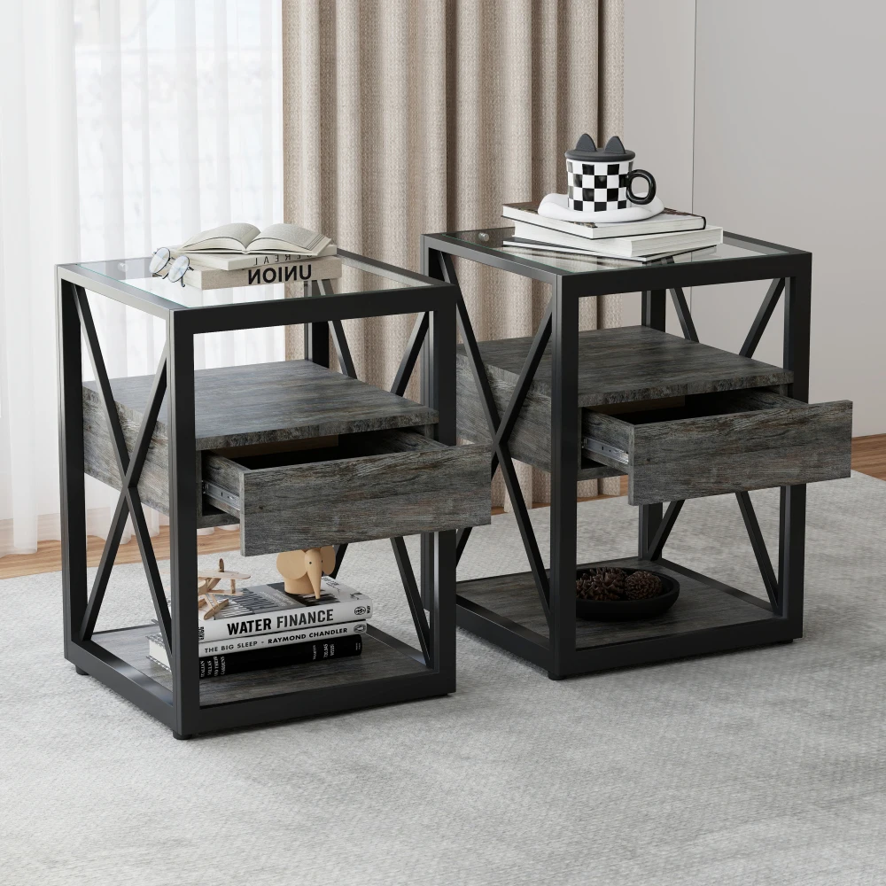 Set of 2 Industrial End Side Table with Drawer, Tempered Glass Top & Rustic Wood Grain MDF Shelves, Nightstand for Bedroom Living Room
