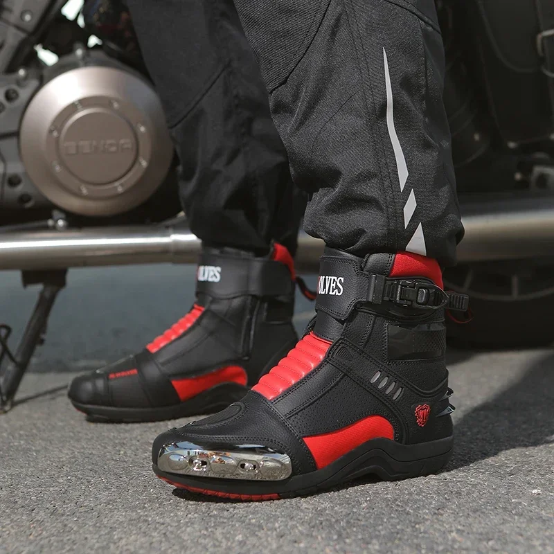 Men Motorcycle Boots Breathable Anti-fall Rider Road Racing Casual Shoes Boots Gear Shift Rubber Sole Reflective Motorbike Shoes