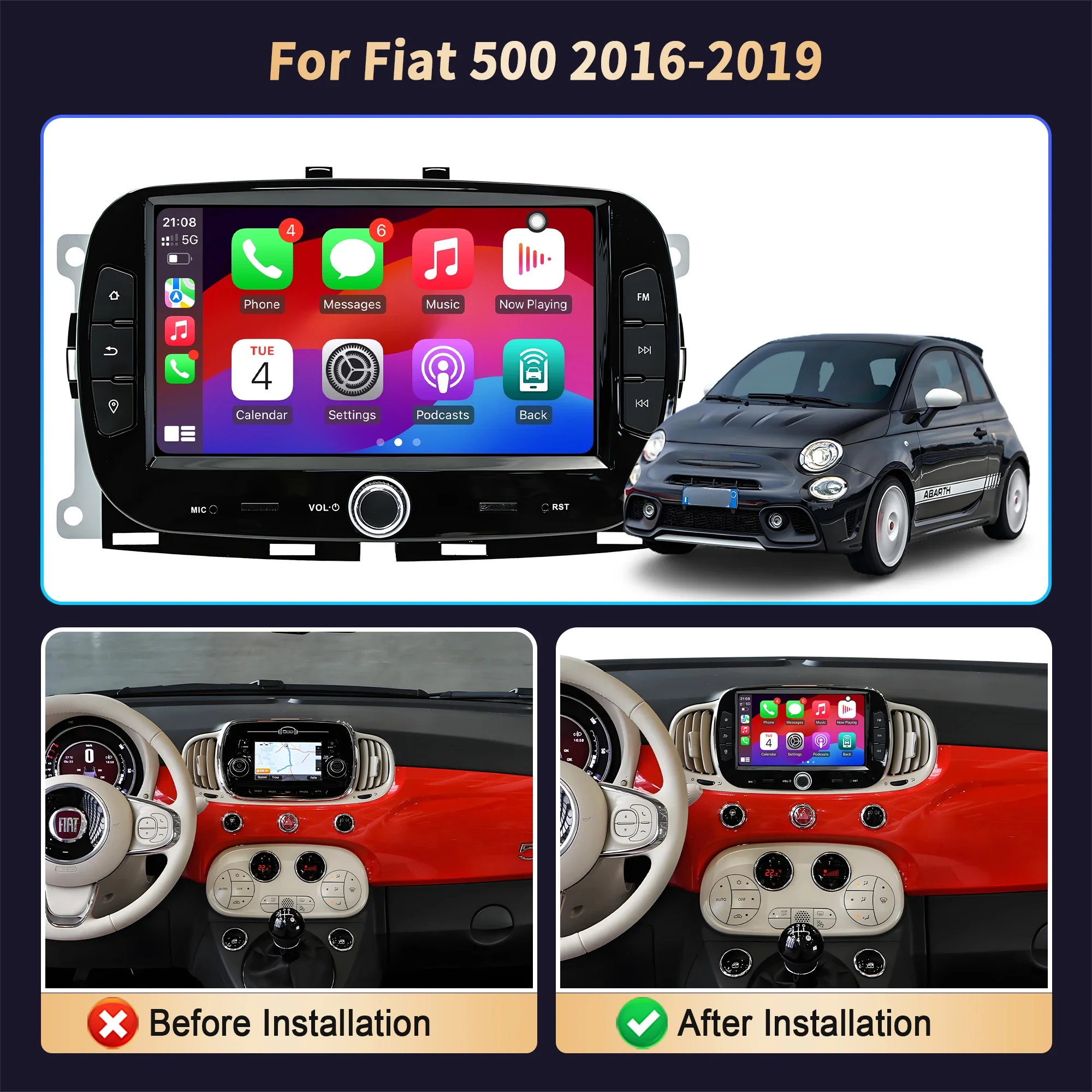 7 inch Car Radio Android 14 For Fiat 500 2016 2017 2018 2019 GPS Wireless Bluetooth CarPlay 7862 Head Unit Touch Screen Stereo