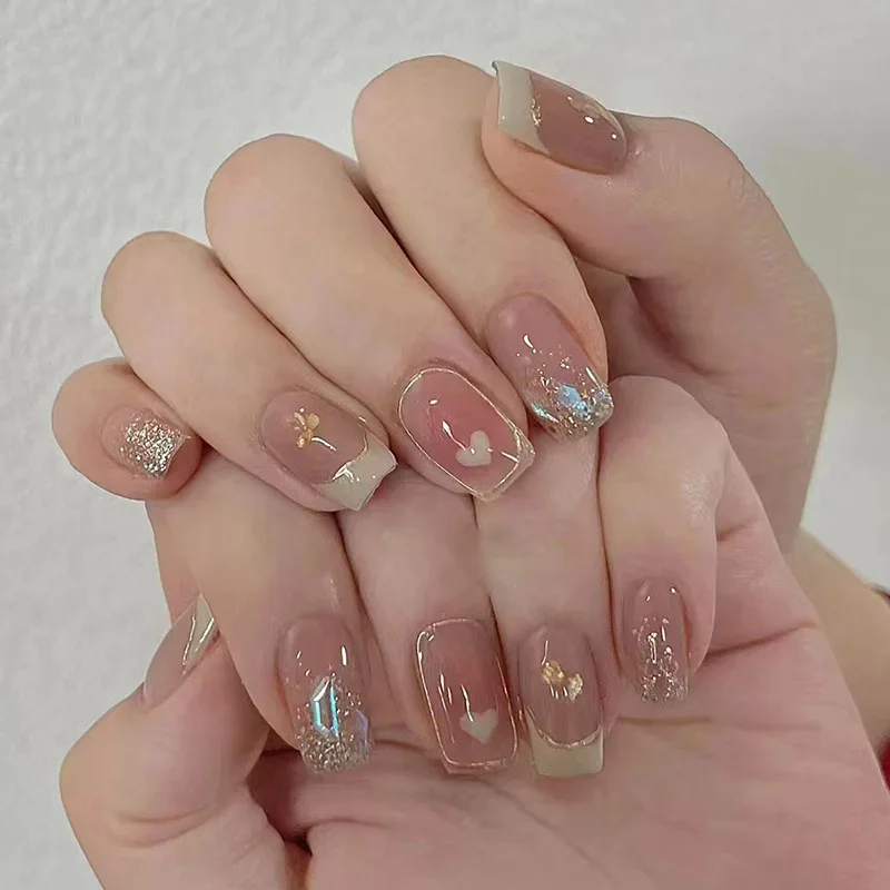 24Pcs Mid-length Ballet French Nail Tips Fake Square Head Pink Gradient Star Heart Press on False Nail Sweet Detachable Nail Set