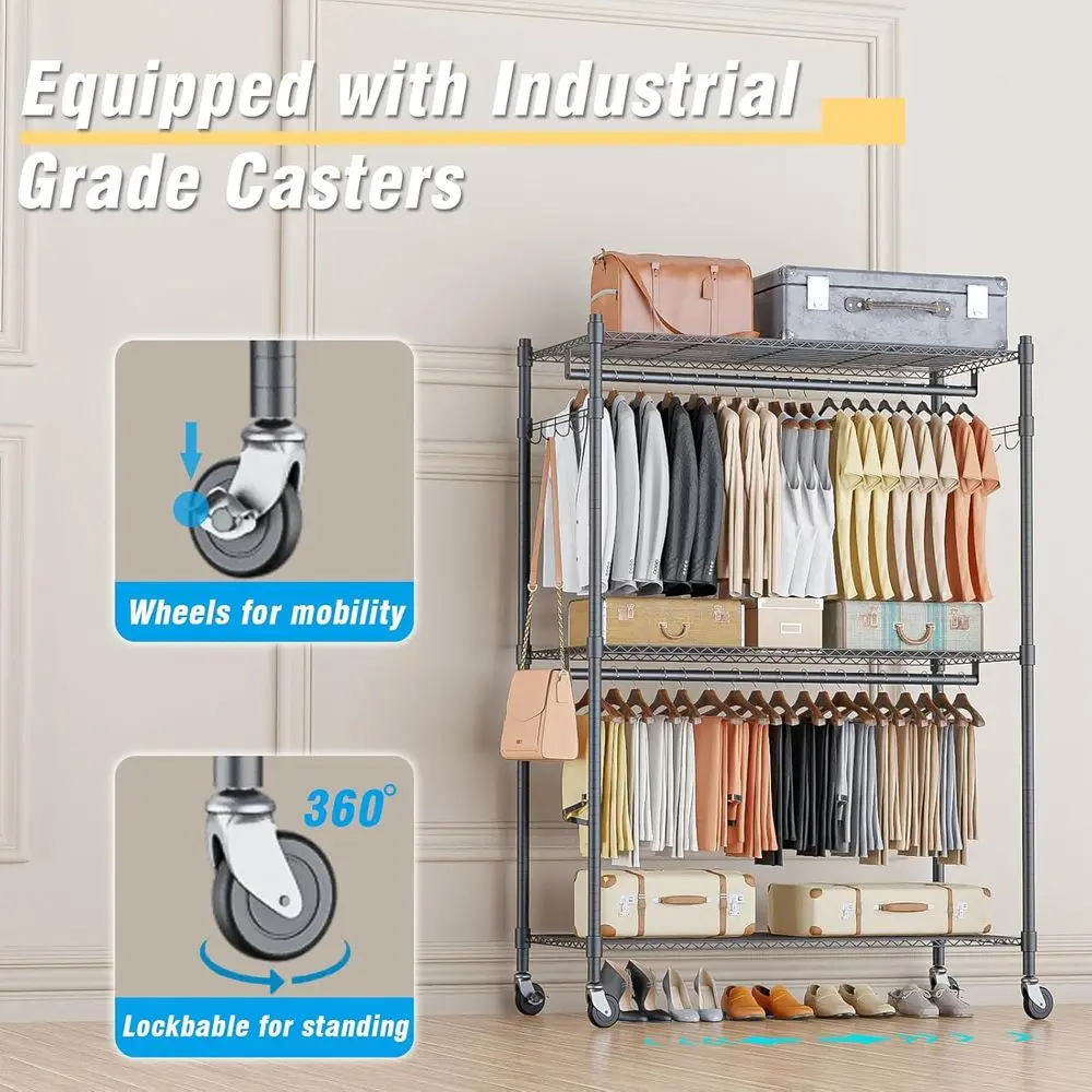 Gray Heavy-Duty Adjustable 3-Tier Rolling Clothing Rack with Hanging and Storage Features