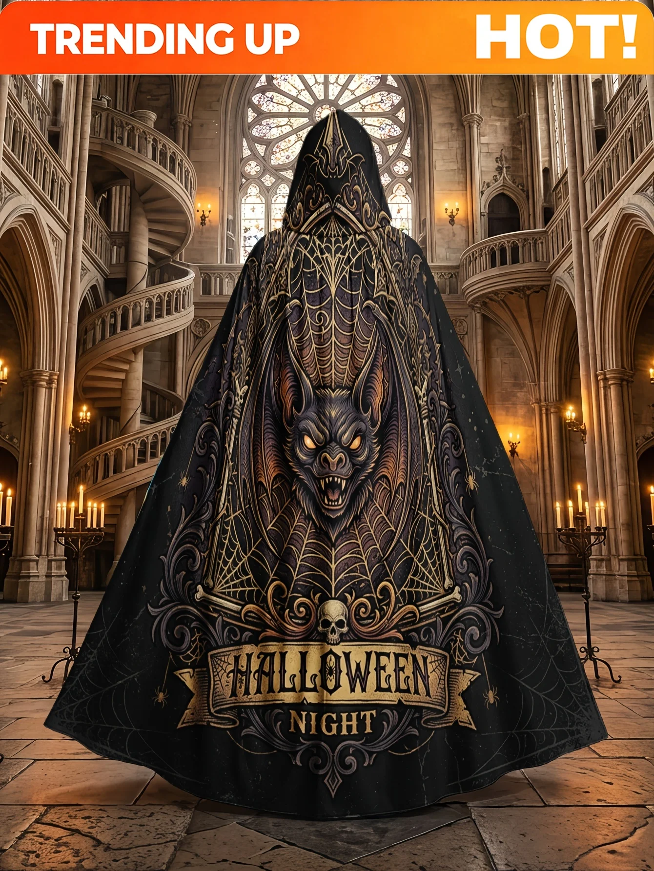 Customization 1pc Adult Hooded Cloak Robe With Bat & Spiderweb Design - Bat-Themed Witch Costume Suitable For Halloween Cosplay,