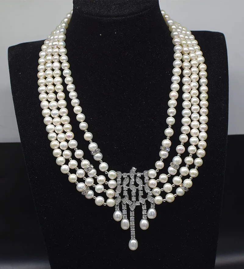 4rows one set  freshwater pearl white near round  necklace earrings 18inch 7.5inch wholesale nature beads for xmas gift