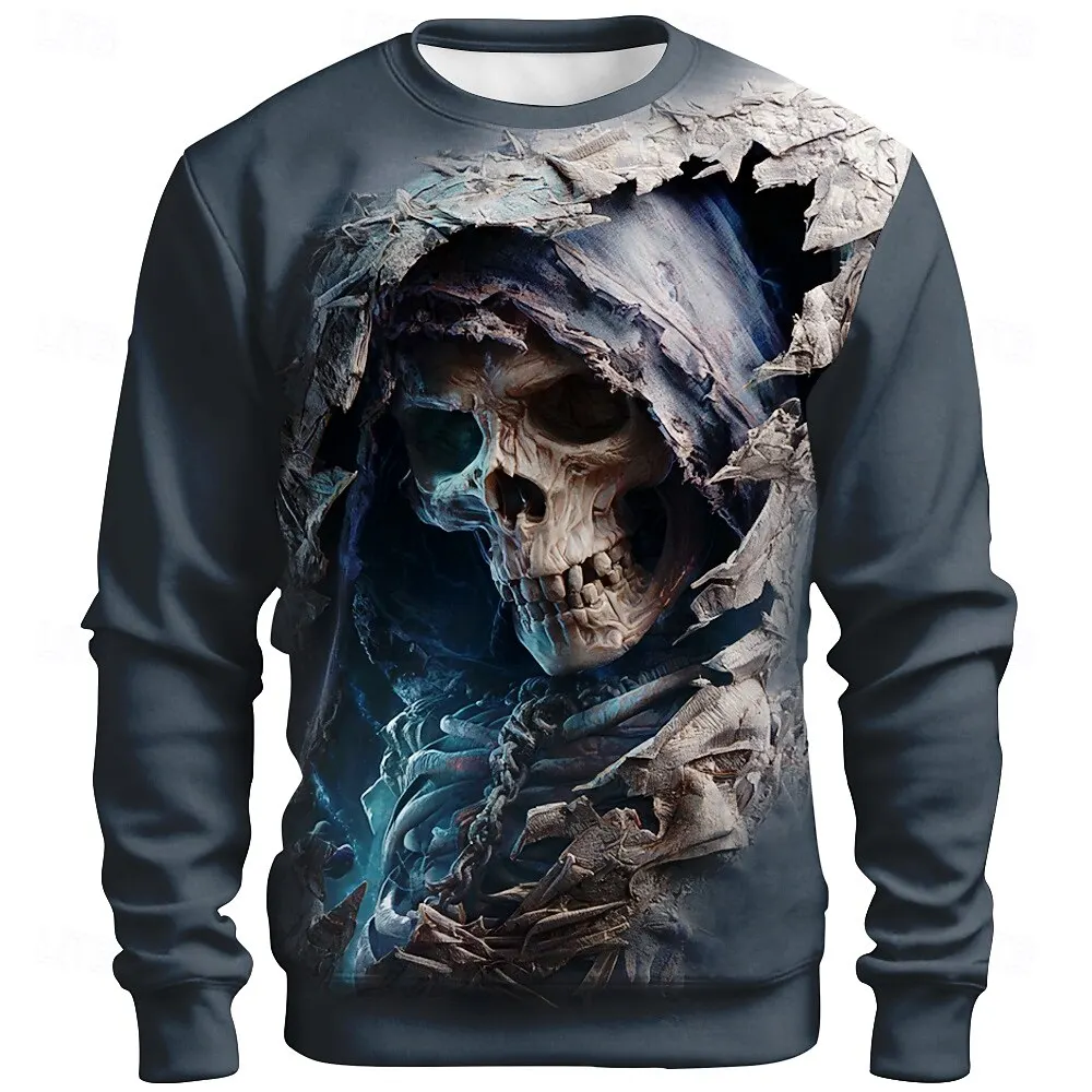 

3D Gothic Skull Print Men's Sweatshirt Autumn Winter Long Sleeve O-Neck Pullover Halloween Theme Party Comfortable Male Clothing
